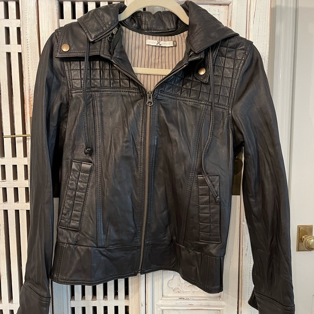 Size small like new Mike and Chris leather jacket with removable hood